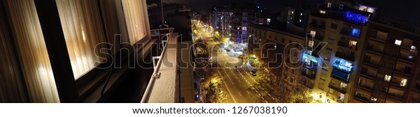 Street of\
Barcelona at night. Spain. Aerial\
view