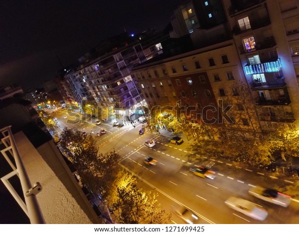 Street of
Barcelona at night. Spain. Aerial
view