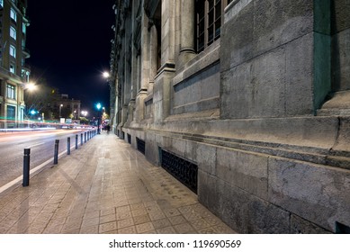 Street Of Barcelona At Night Wtih Blurred Cars