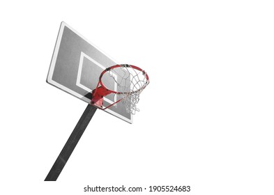 Street basketball wooden black backboard with old red ring and mesh side view isolated on a white background. Streetball without people. Basket.