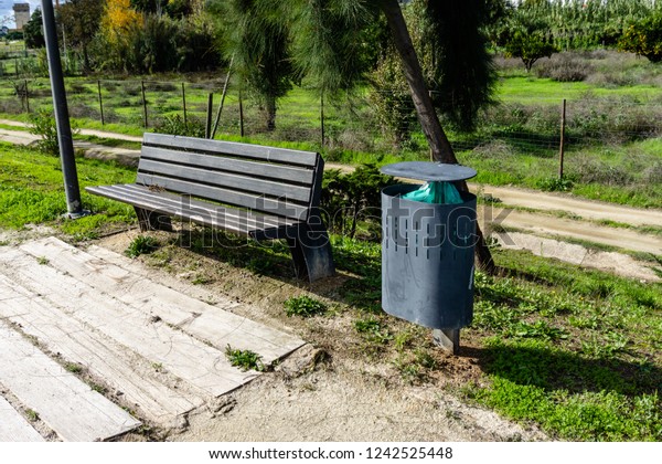 Street Bench Next Modern Garbage Bin Stock Photo Edit Now 1242525448