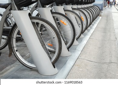 Street Bike Parking. Bicycles For Rent