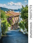 Street of Burgazada island with wooden houses and flowering trees. The island is one of four islands named Princes Islands in the Sea of Marmara