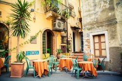 Street Cafe In The Beautiful Town Taormina, Sicily, Italy