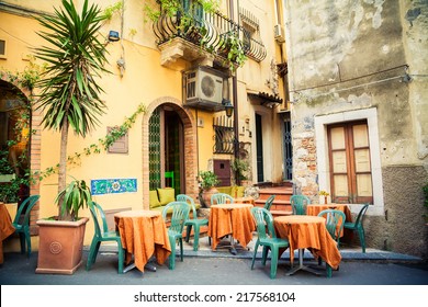 Street Cafe In The Beautiful Town Taormina, Sicily, Italy