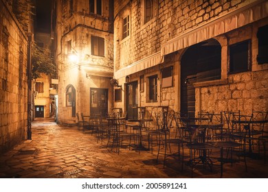 Street Cafe In Old Town Of Kotor At Night