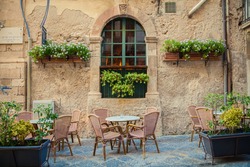 Street Cafe In Old Town Of Siracusa City, Sicily, Italy