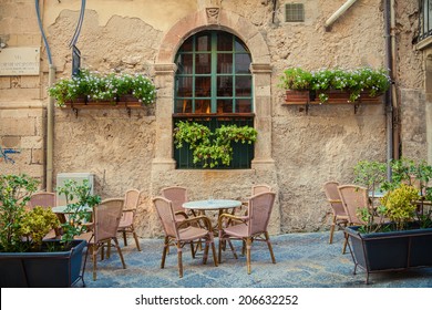 Street Cafe In Old Town Of Siracusa City, Sicily, Italy