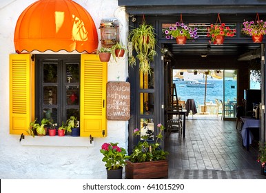 Street Cafe With Tables And Seaside View In Bodrum, Turkey