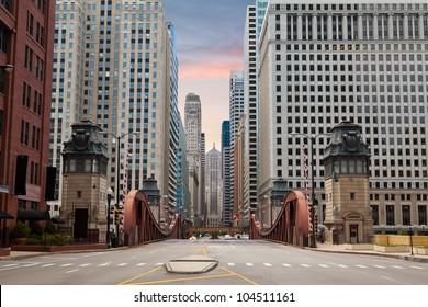 Street Of Chicago. Image Of Street In Chicago Downtown At Sunrise.