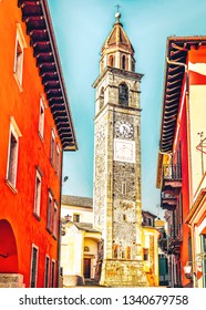 Street With Church At Romantic Luxury Resort In Ascona Town On Lake Maggiore In Ticino Canton In Switzerland. Outdoor Expensive Family Travel In Swiss City In Summer. Italian Holiday