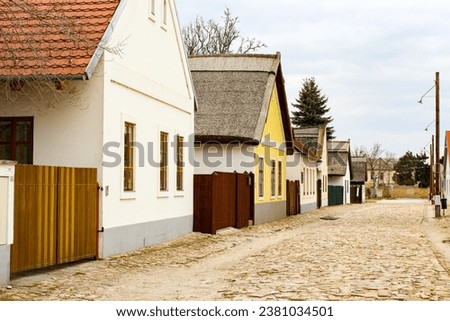 A street consisting of old farmhouses with a paved stone road in Hungary