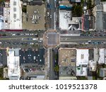 Street crossing with rainbow crosswalk in Castro District in San Francisco in California USA. Horizontal aerial photo.