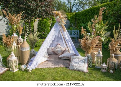 Street Decorations Prepared For A Birthday, Wigwam In Summer Green Garden