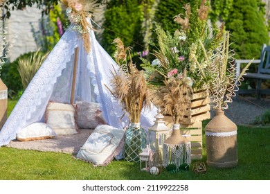 Street Decorations Prepared For A Birthday, Wigwam In Summer Green Garden