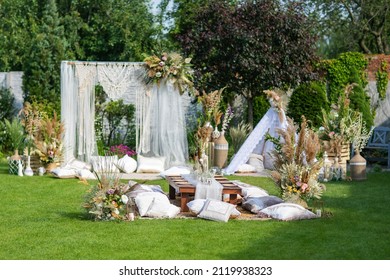 Street Decorations Prepared For A Birthday, Wigwam In Summer Green Garden