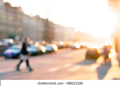 Street In European City In Bokeh. Defocused Background.