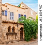 Street and facades in the village of Castellet, in the Var near Toulon, Var, Provence, France.