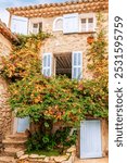 Street and facades in the village of Castellet, in the Var near Toulon, Var, Provence, France.