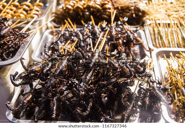 Street Food China Fried Scorpions Insects Food And Drink Stock Image