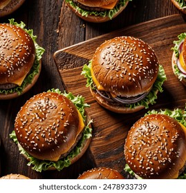 Street food, fast food Fresh hamburger, cheese, vegetables and onions are delicious. Many freshly made pieces are beautifully arranged on dark wooden plates on an old, dark wooden table.top view - Powered by Shutterstock