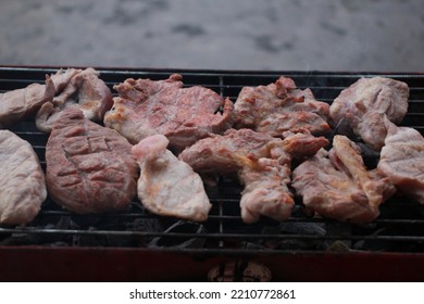 Street Food Grilled Pork On A Hot Coal Stove