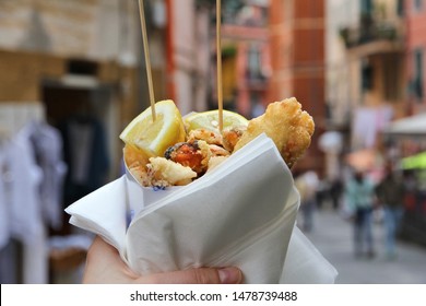 Street Food In Italy. Mixed Fried Sea Food Of Cinque Terre.