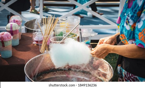 Street Food Market In Thailand, Hand Rolling Cotton Candy In Candy Floss Machine. Making Candy Floss.