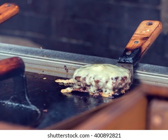 Street Food Market Vendor, Cheese Burger On Grill. 