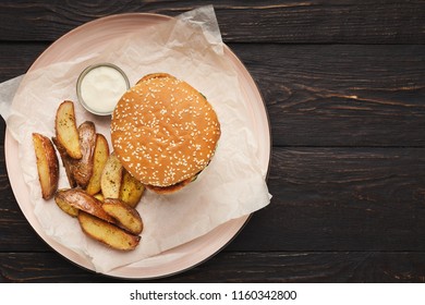 Street Food Set - Hamburger, Potato Wedges And Sause, Top View, Copy Space