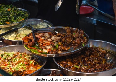 Street Food Of Singapore. Pork Dish. Diverse Dishes Of Street Food In Singapore