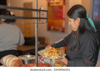 Street food vendor preparing a plate of chicken, french fries, and rice at a food stand - Powered by Shutterstock