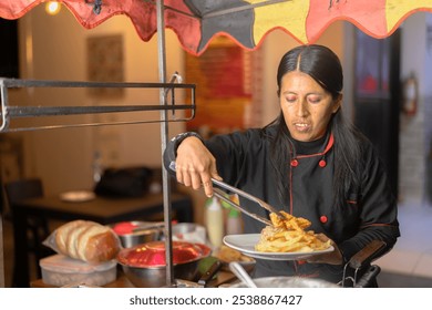 Street food vendor serving a plate of chicken broaster and fries at a food stall - Powered by Shutterstock