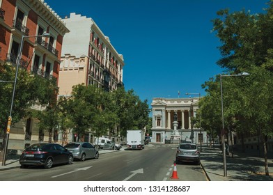 Street Going Towards The Casón Del Buen Retiro Building, An Annex Of The Prado Museum Complex, In Madrid. Capital Of Spain This Charming Metropolis Has Vibrant And Intense Cultural Life.