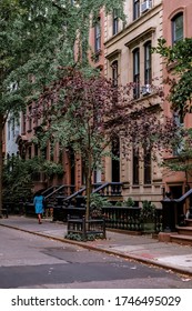 Street In Greenwich Village, Soho District. Beautiful Houses And Classic Luxury Apartment Building. Entrance Doors With Stairs And Trees. Manhattan, New York