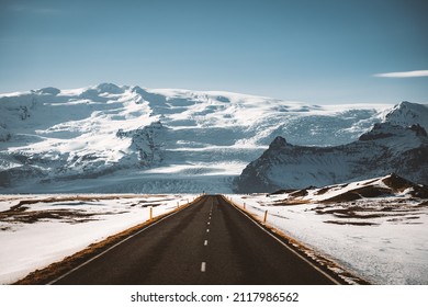 Street Highway Ring road No.1 in Iceland, with view towards massive glacier. Southern side if the country. Road trip travel concept.
