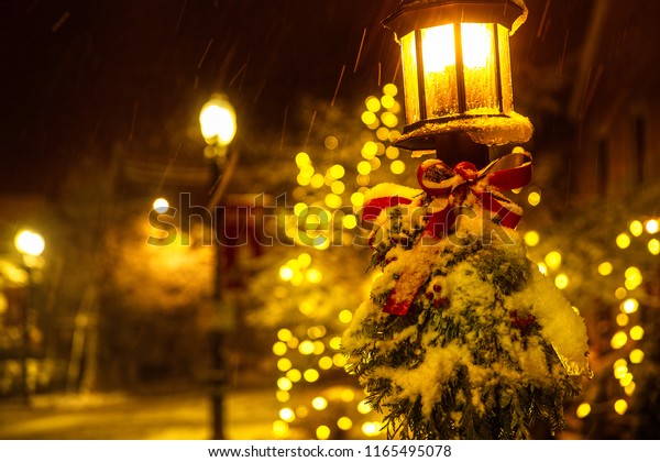 Street Lamp Christmas Decorations Under Snow Stock Photo 1165495078 ...