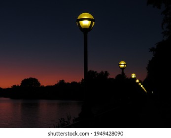 Street Lamp At Night In Lac Megantic Near The Lake