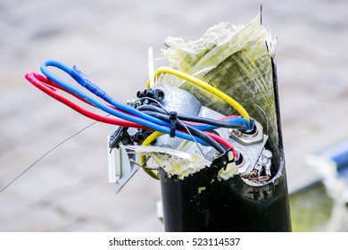 Street Lamp Post Broken, Showing Wires With Broken Fragments