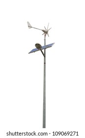 Street Lamp Powered By A Solar Panel And A Small Wind Turbine. Isolated On White, Clipping Path Included.