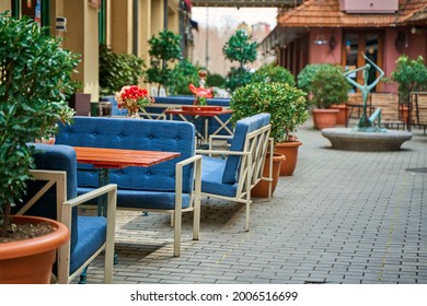 Street landscape of the old city of Tbilisi. Soul and atmosphere of Georgia. A deserted street, free tables in a cafe. Coronavirus pandemic.