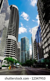 Street Level Shot Of City Buildings And Street