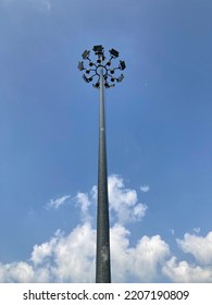 Street Light Lamppost On A Blue Sky. Daytime Streetlight. Lantern Street Lighting Against Day Time Sky. Street Lamp On Metal Pole. Lamp Street Lighting Is Off. Park Lantern. Old Lamp City Lighting