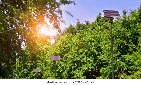Street light powered by solar panel with battery included. Alternative energy from the sun.