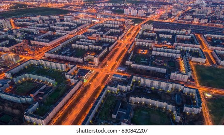 Street Lighting From A Bird's Eye View. Night City.