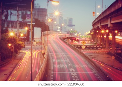 Street Lights In Speeding Car, Light Motion With Slow Speed Shutter In Vintage Tone