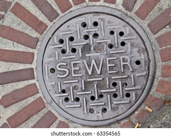 Street Manhole For Sewer System Utility, Close-up.