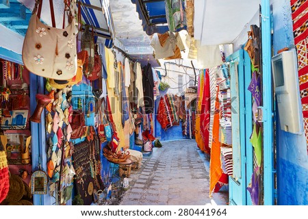 Street market in Chefchaouen, Morocco, small town in northwest Morocco known for its blue buildings