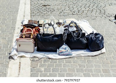 Street Market, Immigrants Selling Fake Handbags, Athens, Greece, September 12 2010.