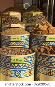 Street market in Marrakech, Morocco. Spices and tea
